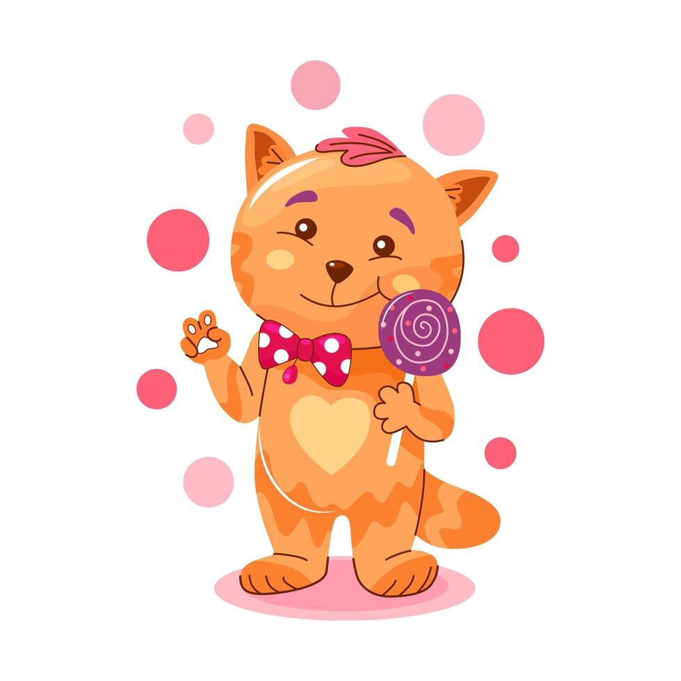 Cute fat cat with a lollipop. Cat has a sweet tooth. Flat design for printing on a T-shirt or on paper. vector