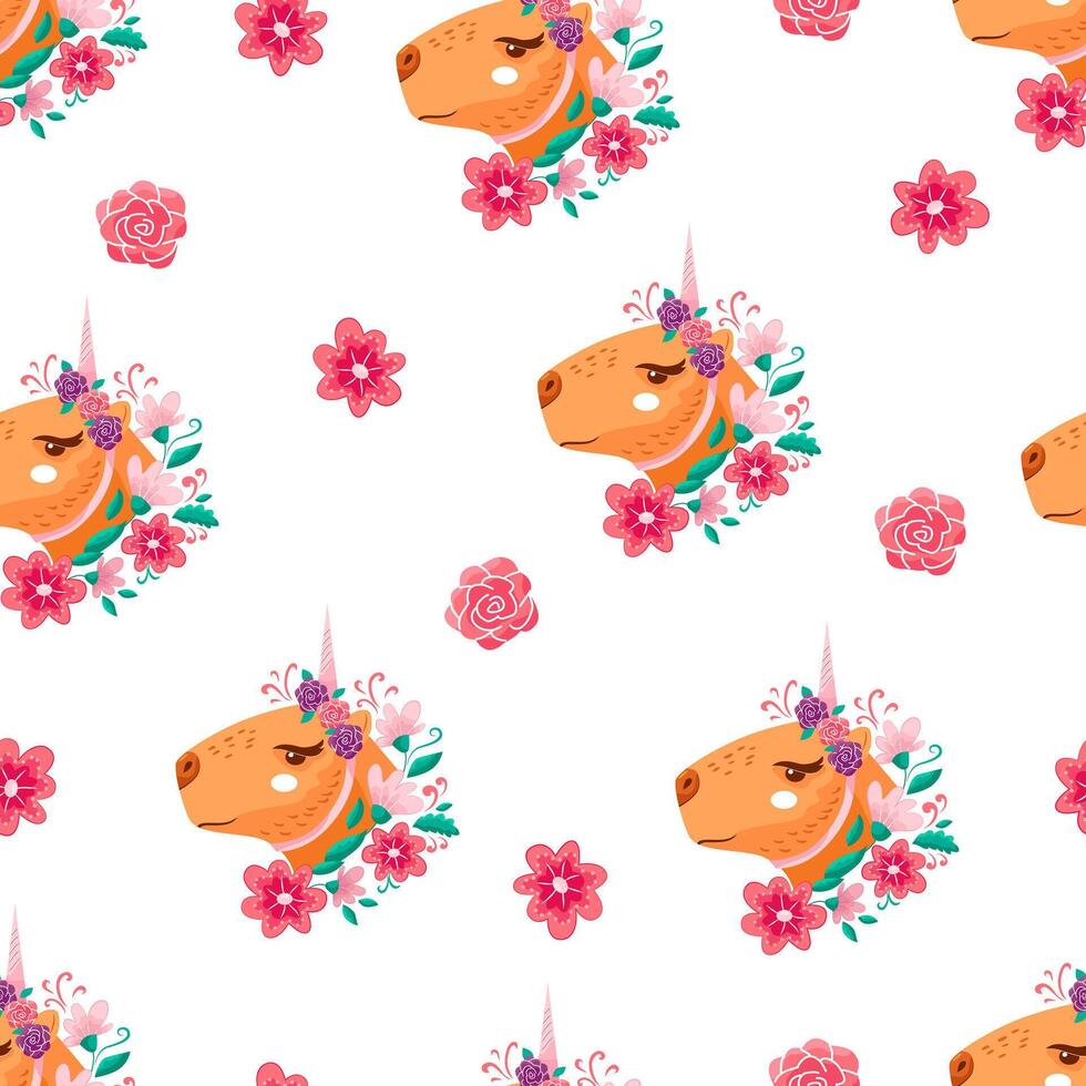 Cute unicorn capybara with flowers seamless pattern. For printing on T-shirt and paper. vector