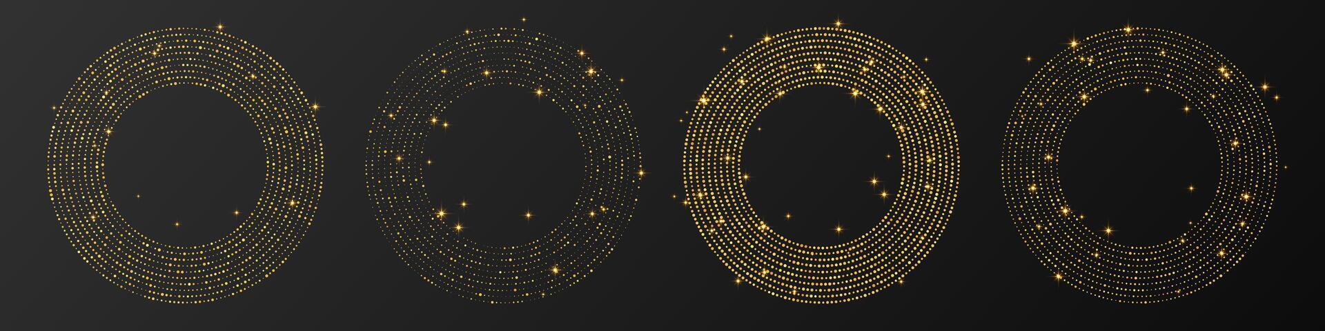 Abstract gold glowing halftone dotted background. Set of four gold glitter patterns in circle form. Circle halftone dots. illustration vector