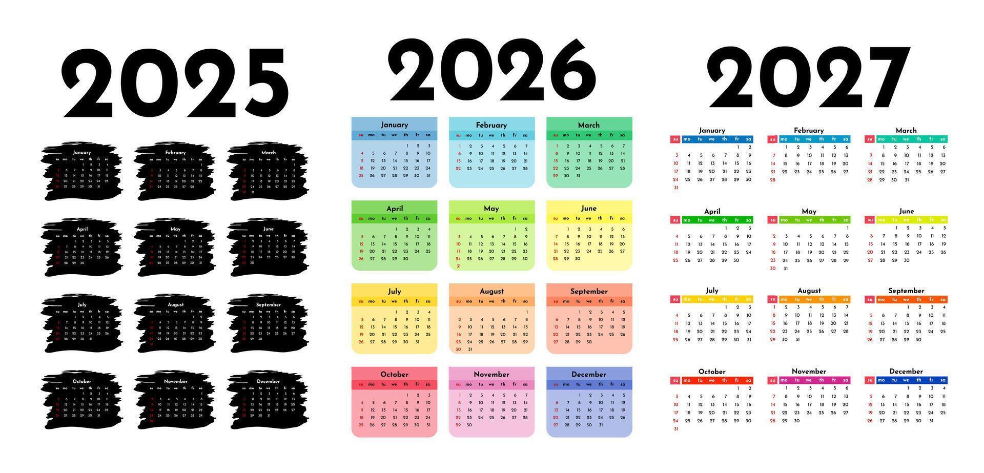 Set of three vertical calendars for 2025, 2026 and 2027 isolated on a white background. Sunday to Monday, template. illustration vector