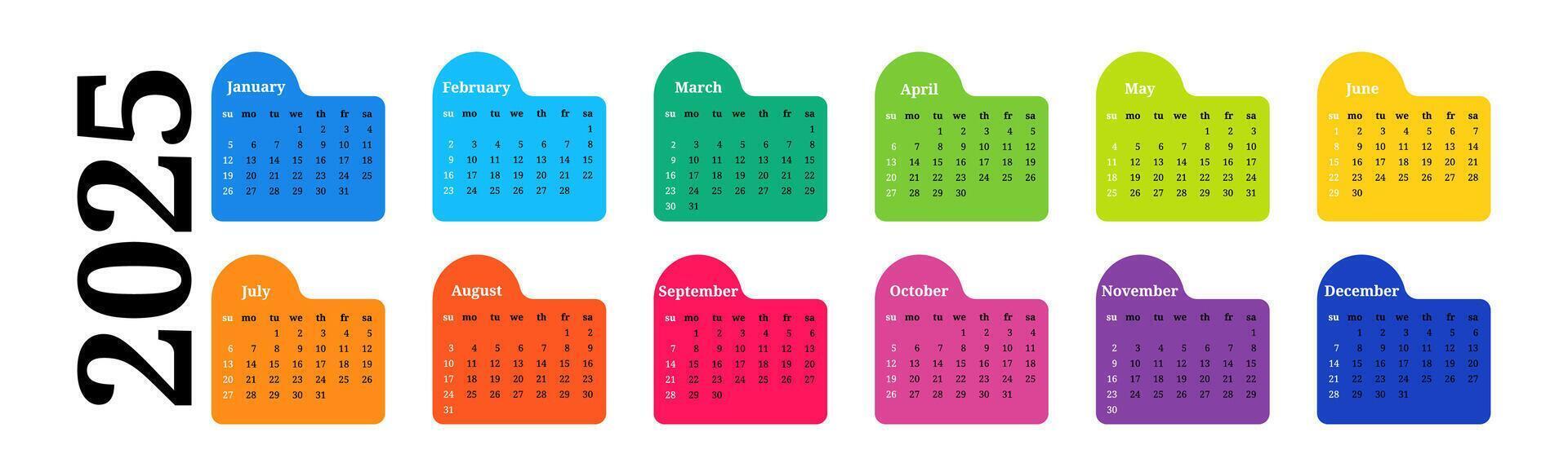 Horizontal calendar for 2025 isolated on a white background. business template. illustration vector