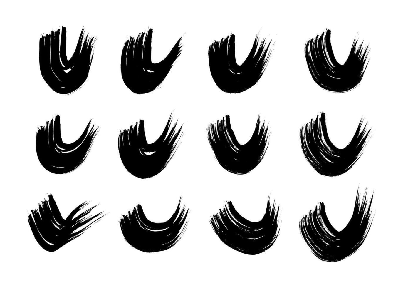 Black grunge semicircular brush strokes. Big set of painted wavy ink stripes. Ink spot isolated on white background. illustration vector
