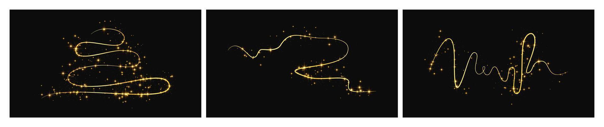 Gold glittering confetti wave and stardust. Set of three backdrops with golden sparkles. illustration vector