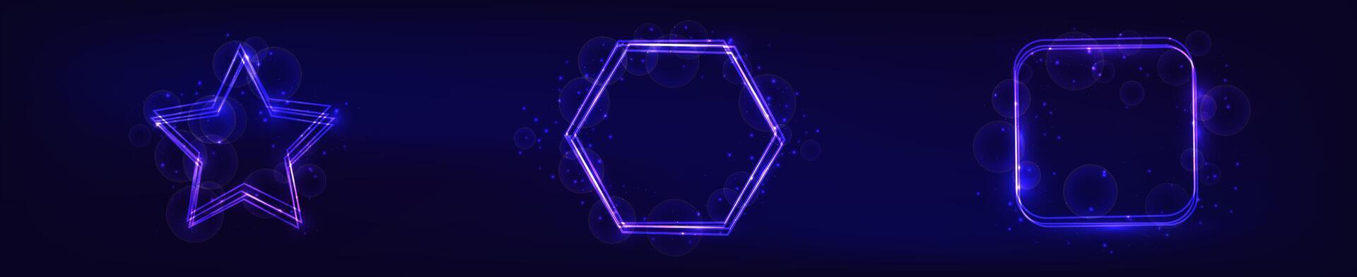 Set of three neon frames with shining effects and sparkles on dark background. Empty glowing techno backdrop. illustration vector