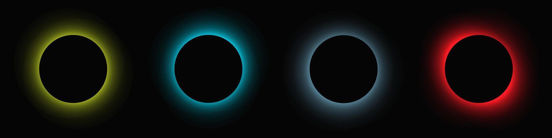 Circle illuminate frame with gradient. Set of four round neon banners isolated on black background vector