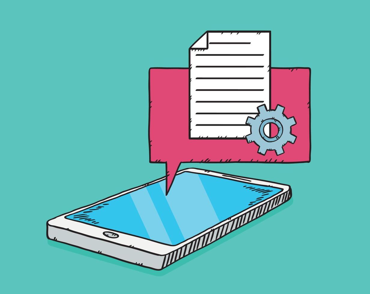 Hand drawn illustration of text document with cog showing on message bubble from mobile phone screen. Doodle file. vector