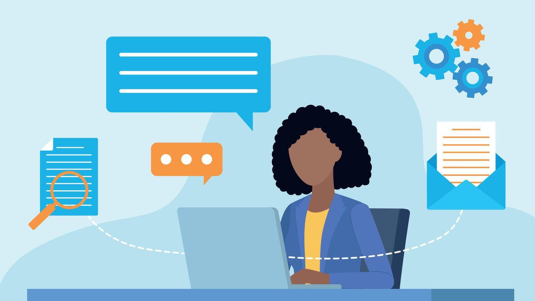 Graphic showing a woman working at a desk on a laptop. Next to her are icons conversation bubbles, document, email, and gears. Flat style graphics vector
