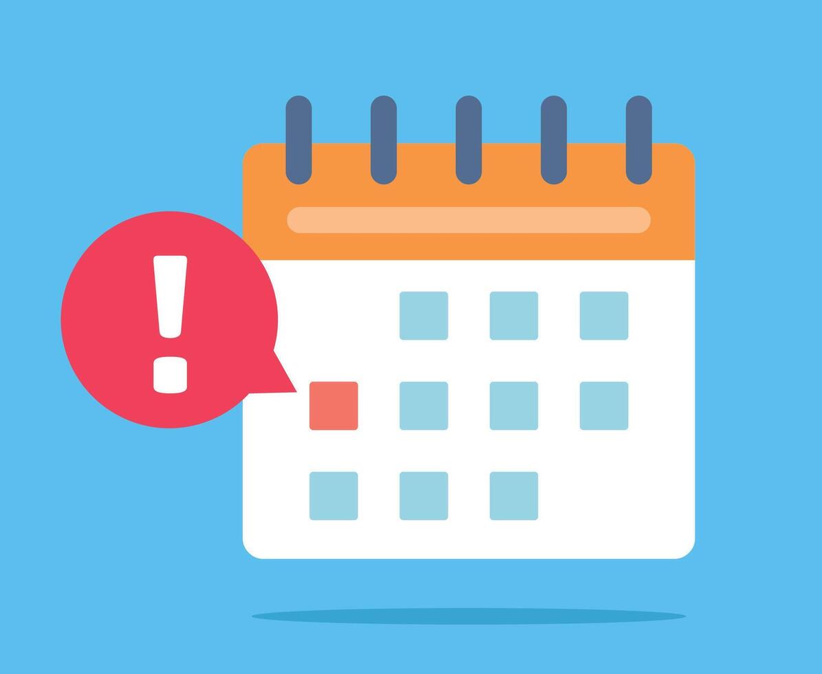 Calendar with a marked date. A red bubble with an exclamation point appears next to the date. Flat design. vector