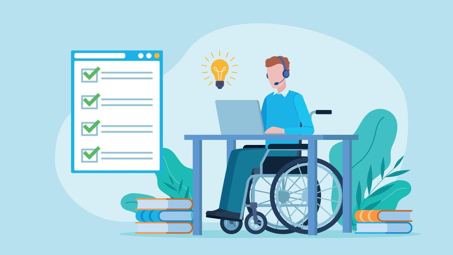 An employee in a wheelchair writes on a laptop with a light bulb in it. A website appears in the background with a completed checklist. The checklist is completed correctly. Flat design vector