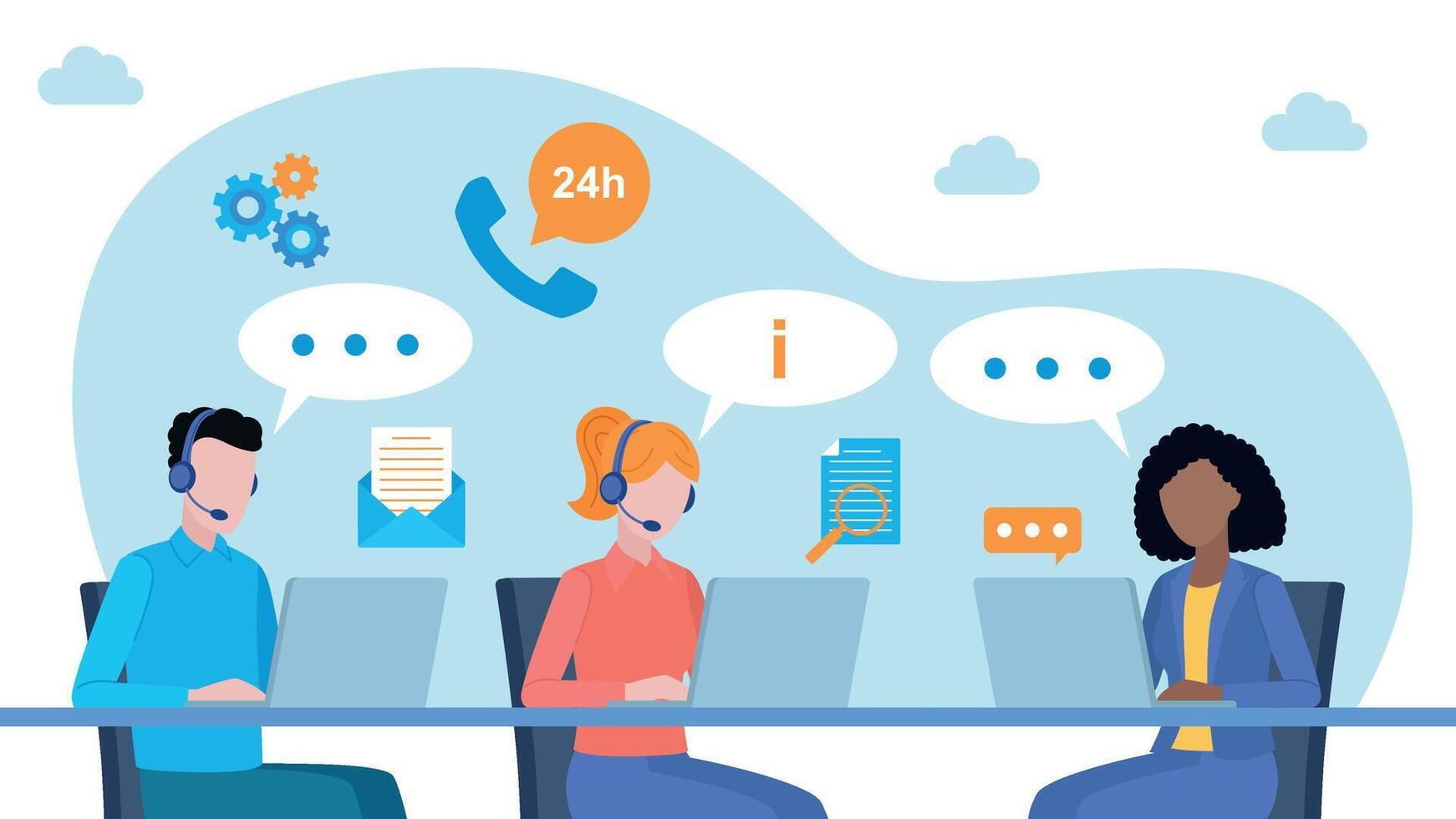Customer support team working on laptops at a desk. Two women, one man. There are comic speech bubble next to the characters. And icons of telephone 24, email, cogs and document. Flat design vector