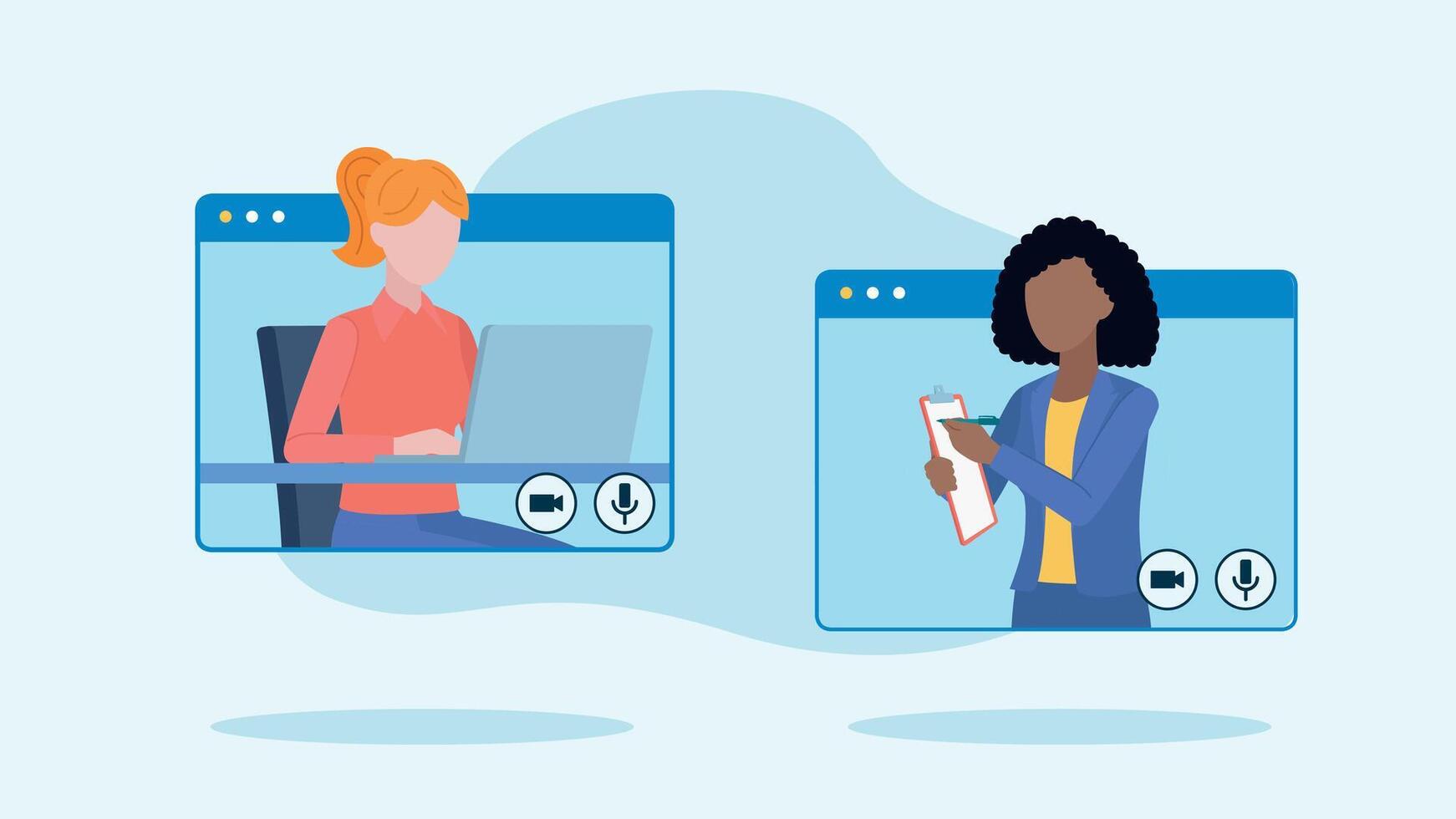 Conversation between two employees. One employee sits at a desk and works on a laptop, the other writes something in a notebook. Both are located in the messenger application windows. vector