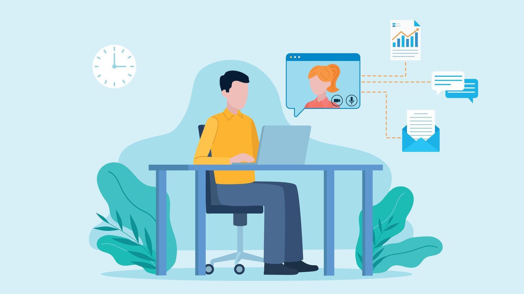 Man sitting and working on laptop and having conversation with coworker. Next to the woman's avatar there are document, conversation and email icons. Flat design. vector