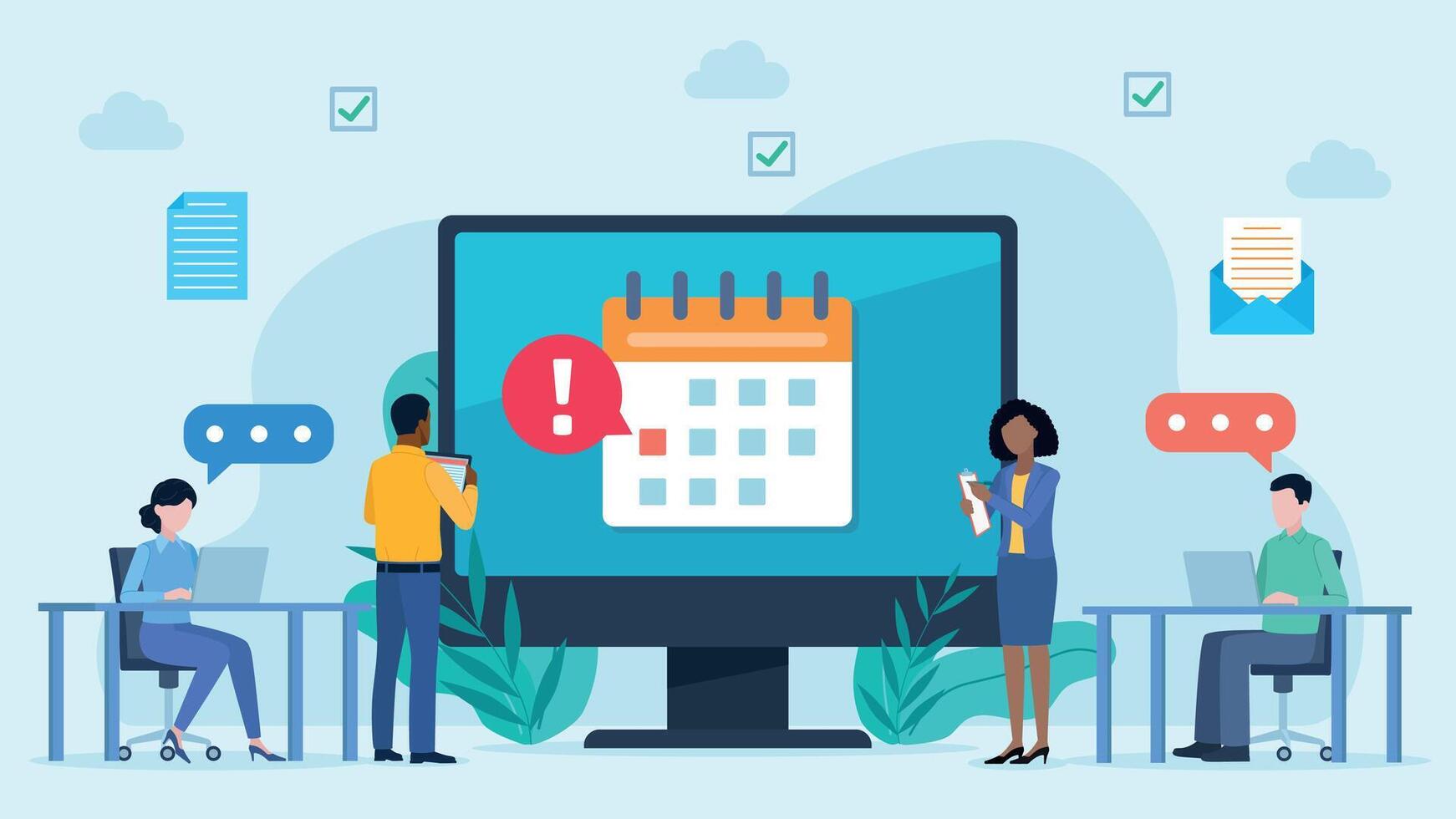 Office workers stand at the screen. On the screen is a calendar with an exclamation mark notification. Around it are icons, email, document, highlights. Flat design. vector