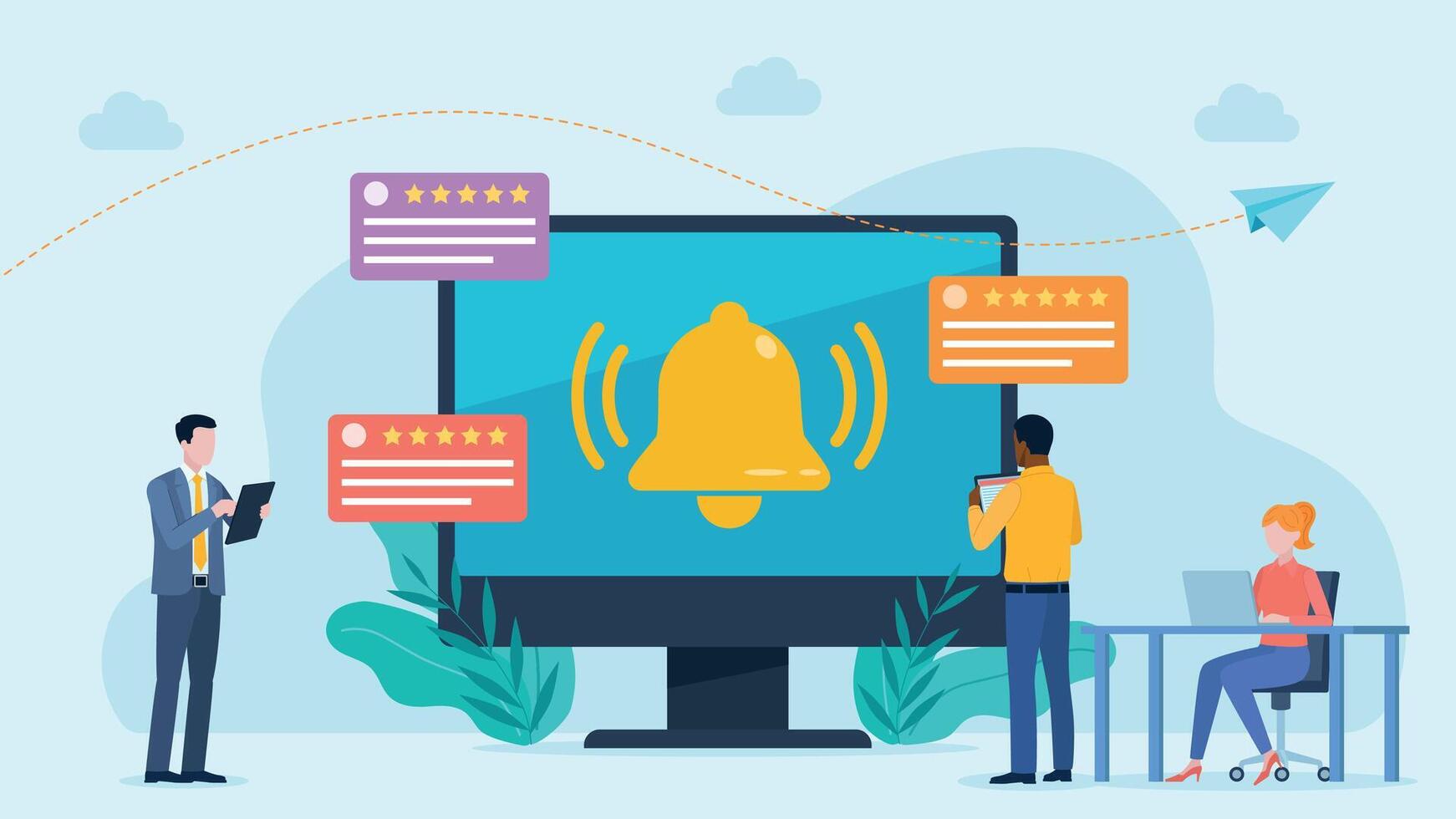 Monitor screen with notification bell icon. Business cards and customer reviews are displayed next to the screen. Five-star reviews with comments. Flat design vector