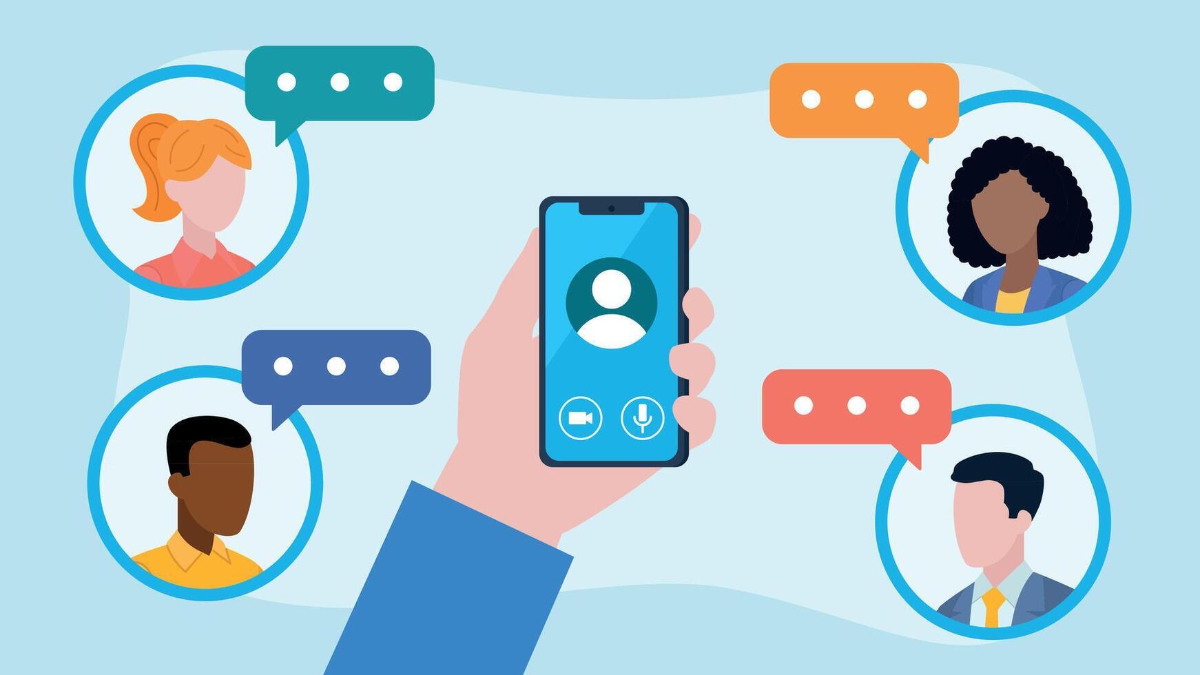 People mobile conversation. Hand with phone. People Avatars with speech bubbles. Group chat, office or education. Technology, modern, data, opinion. Flat design. vector