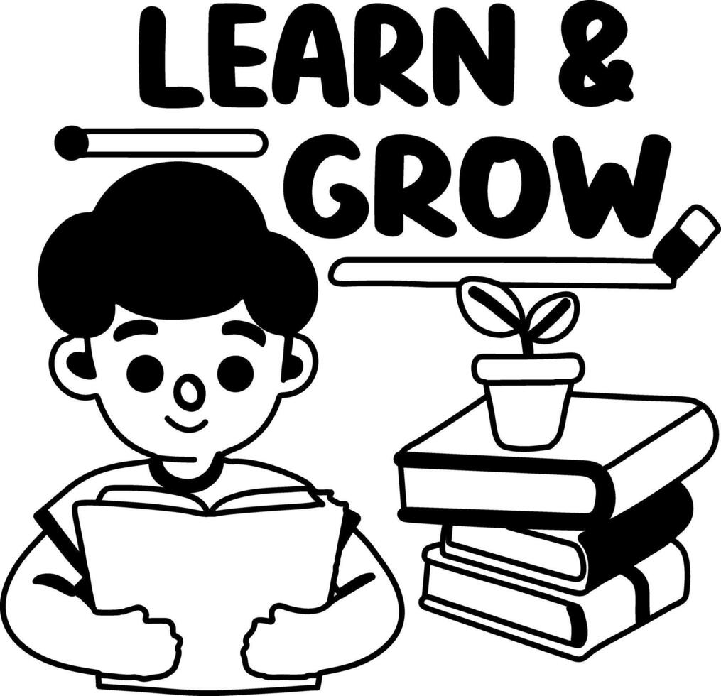 A glyph sticker of a character reading a book with learn grow typography vector
