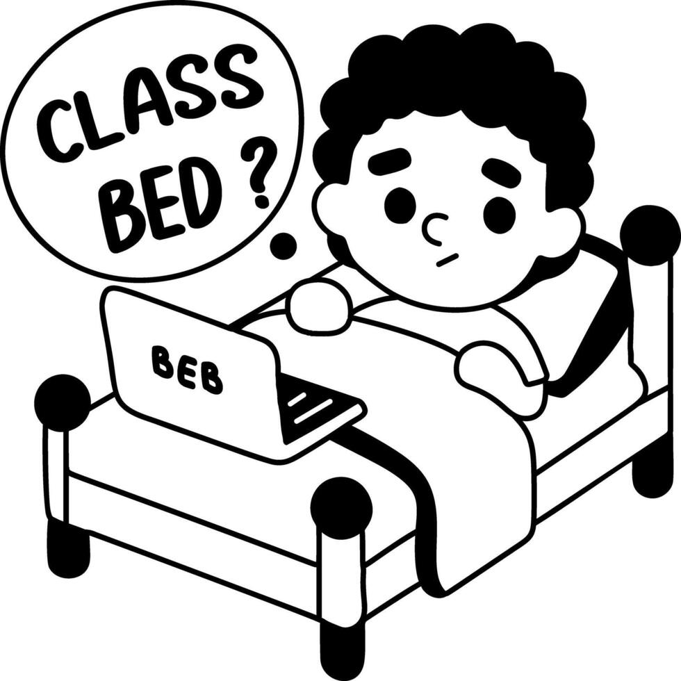 A glyph sticker of a student taking online class on a bed vector