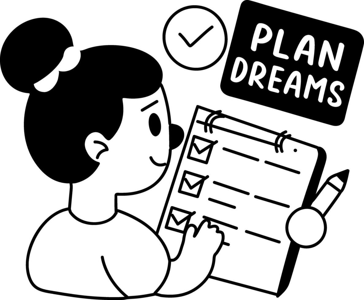 A glyph sticker of a character writing a list with plan dreams typography vector