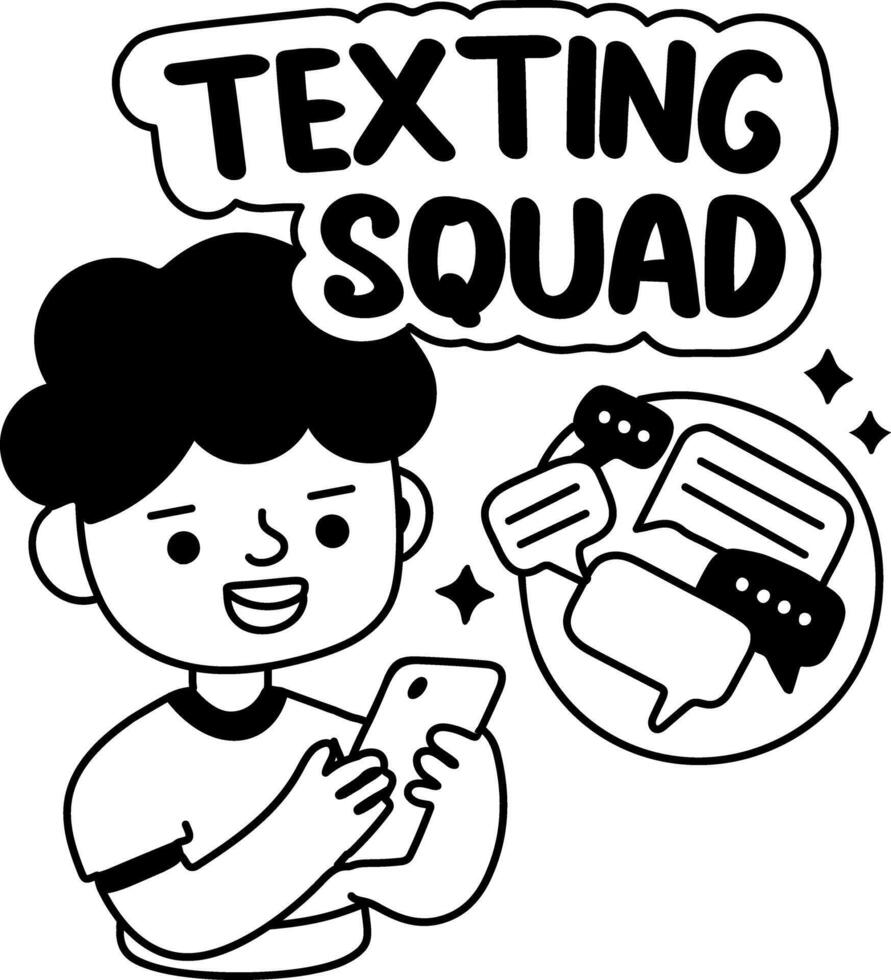 A glyph sticker of a character chatting on a mobile phone with texting squad typography vector