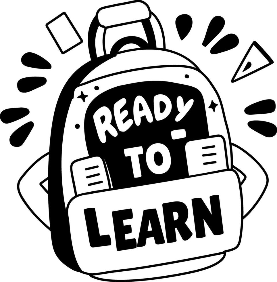 A glyph sticker of a school bag with ready to learn typography vector
