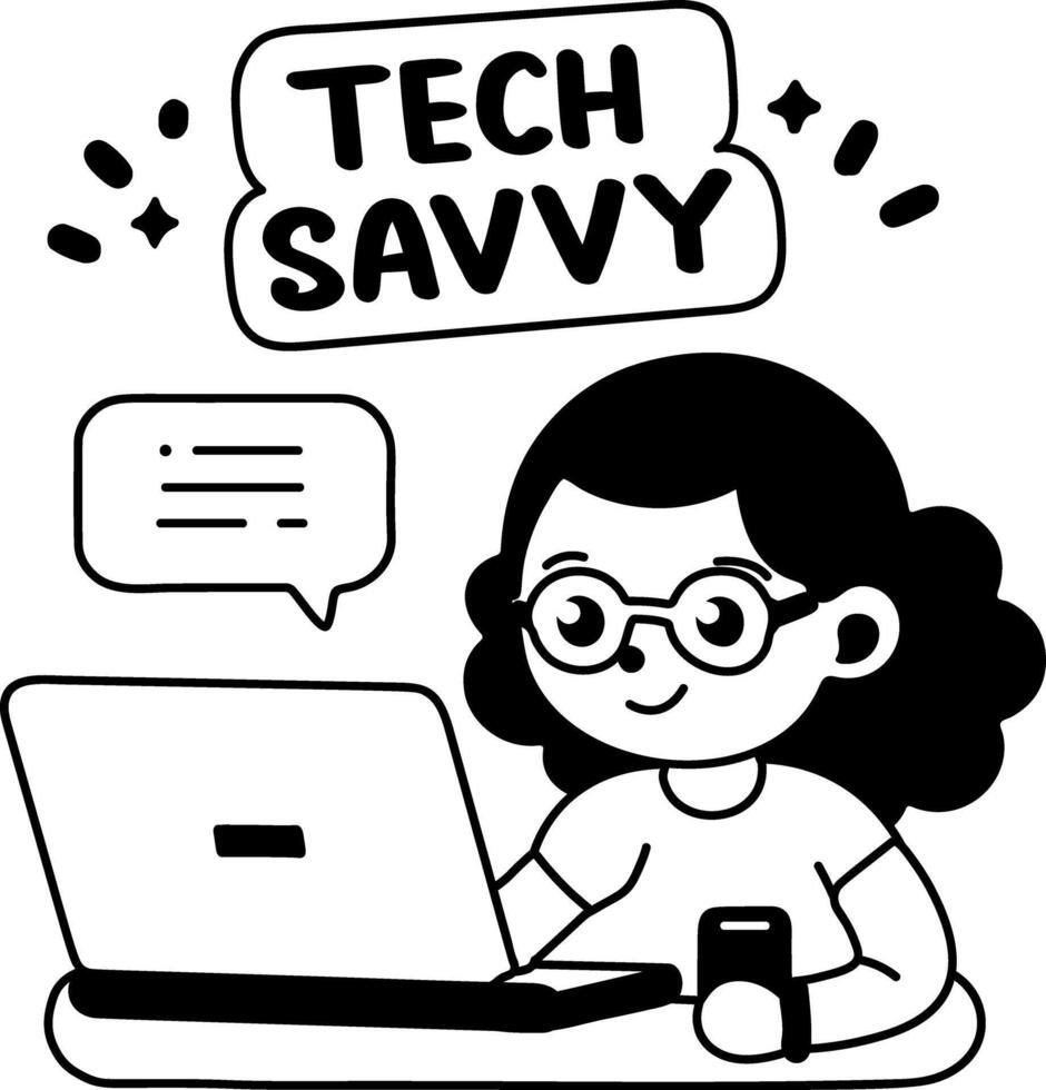 Glyph sticker of a student using tech savvy device for learning vector