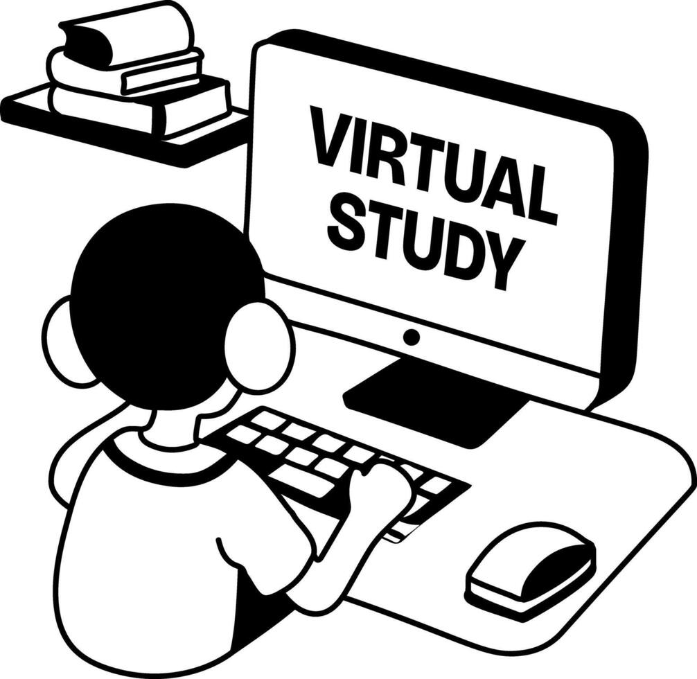 A glyph sticker of a student doing virtual study from home vector
