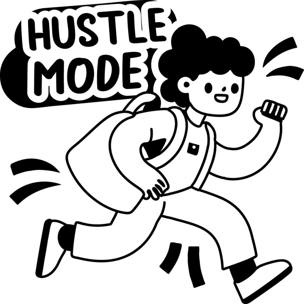 A glyph sticker of a running backpack character with hustle mode typography vector