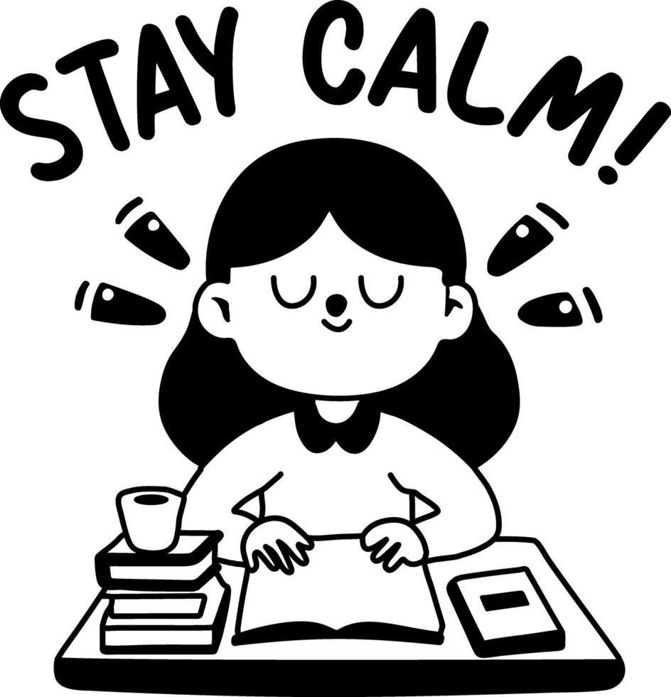 A glyph sticker of a student with stay calm typography vector