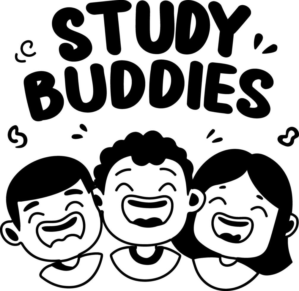 A glyph sticker of laughing characters with study buddies typography vector