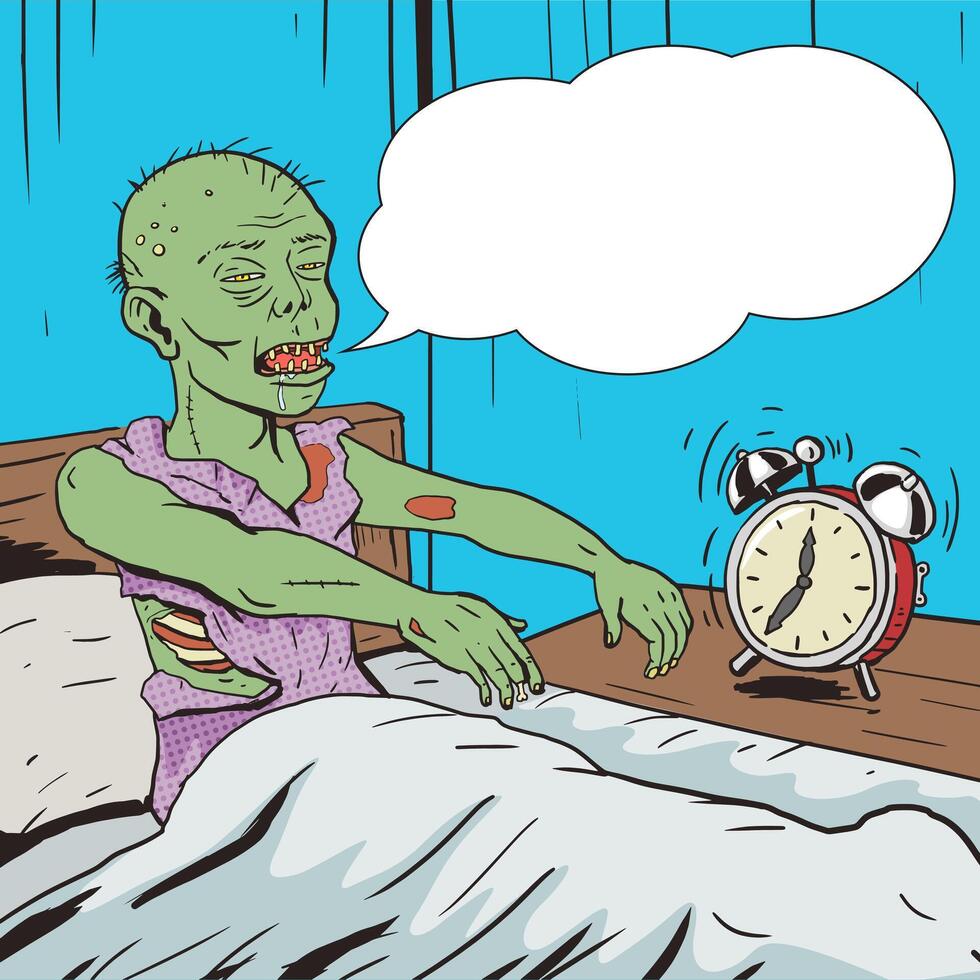 Zombie waking up in the morning pop art style illustration. Comic book style imitation. Vintage retro style. Conceptual illustration vector