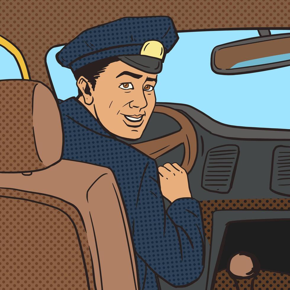 Taxi driver in taxi car pop art style illustration. Comic book style imitation. Vintage retro style. Conceptual illustration vector
