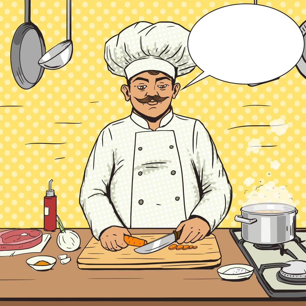 Chef cooks food pop art style illustration. Human illustration. Comic book style imitation. Vintage retro style. Conceptual illustration vector