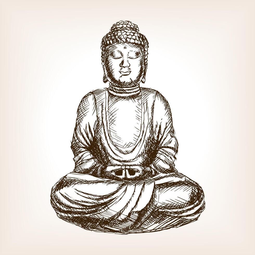 Buddha statue sketch style illustration. Old engraving imitation. Moai easter island landmark hand drawn sketch imitation vector