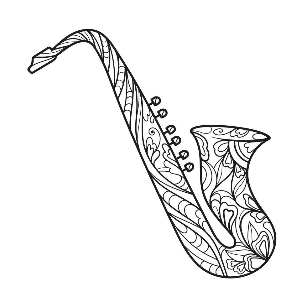 Saxophone coloring book for adults illustration. Saxophone musical instrument. Anti-stress coloring for adult. Zentangle style. Black and white lines. Lace pattern vector