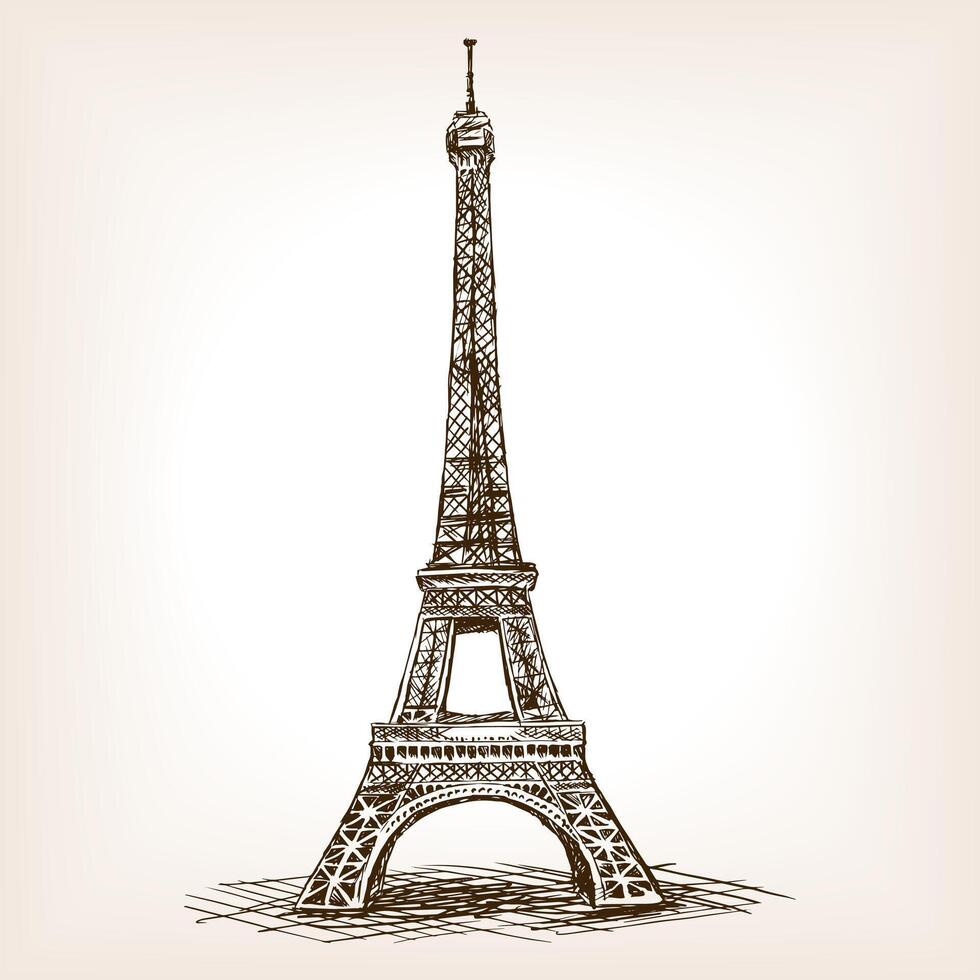 Eiffel Tower sketch style illustration. Old engraving imitation. Eiffel Tower landmark hand drawn sketch imitation vector