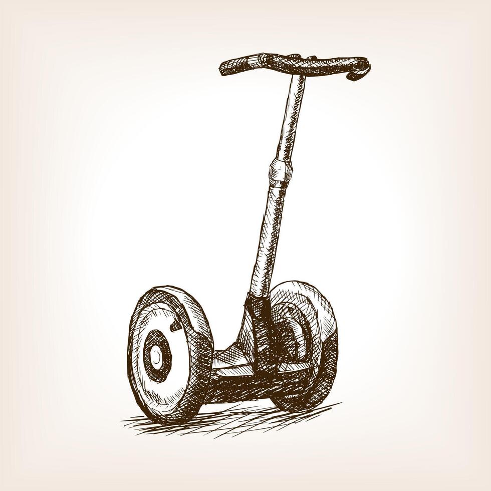 Two whelled electric vehicle sketch style illustration. Old engraving imitation. Two whelled electric vehicle hand drawn sketch imitation vector