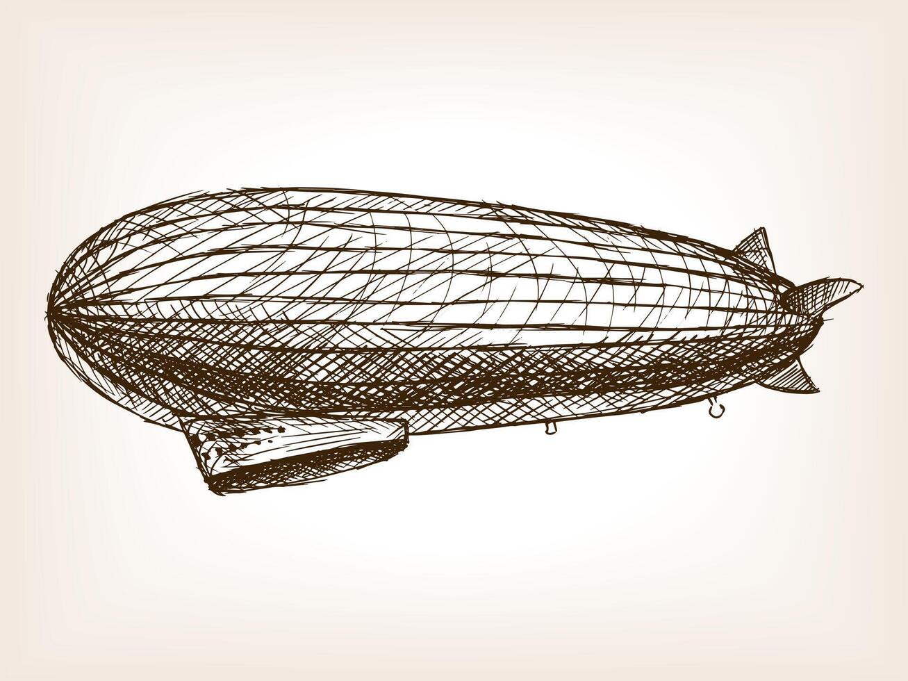 Antique dirigible aircraft sketch style illustration. Old engraving imitation. Blimp hand drawn sketch imitation vector