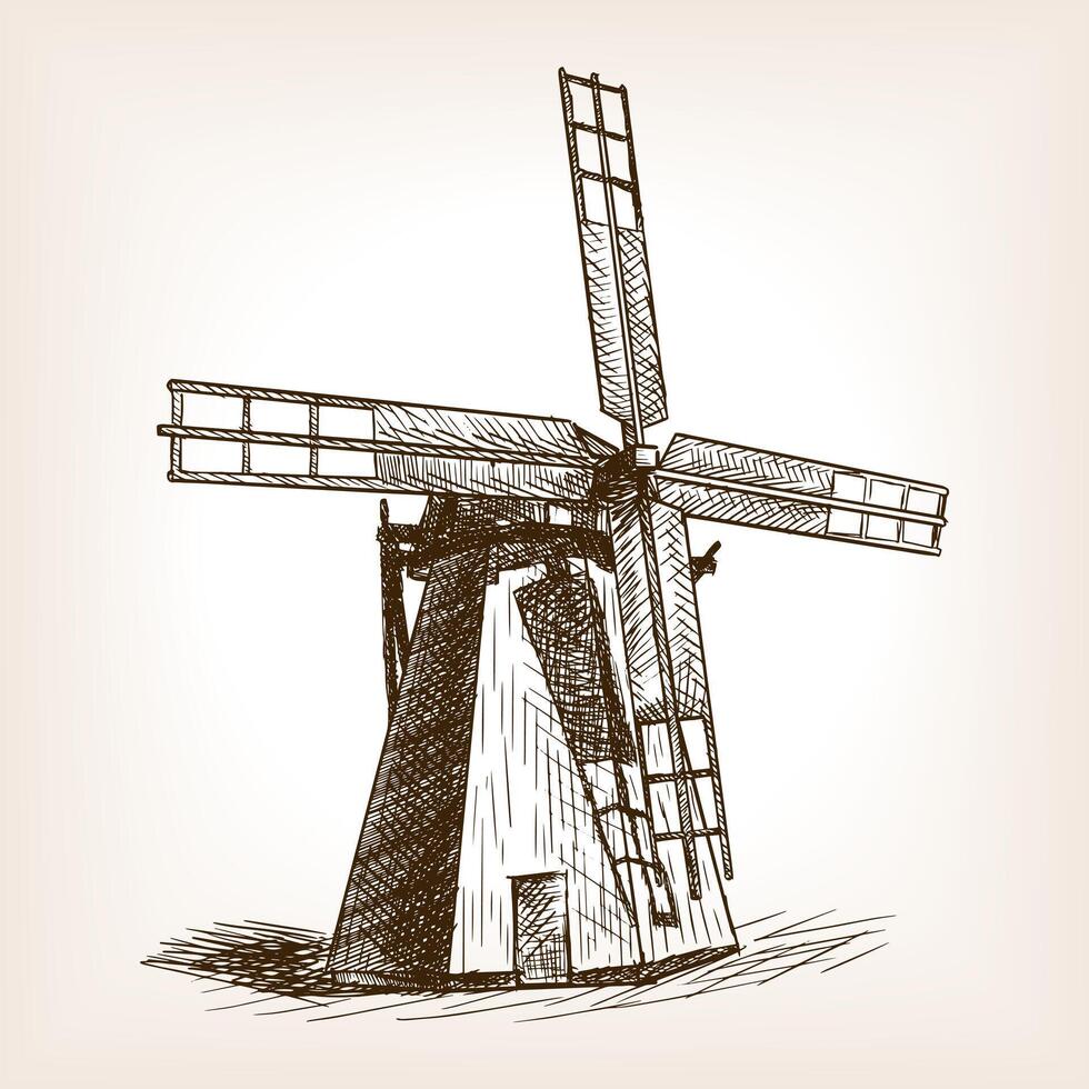 Windmill sketch style illustration. Old engraving imitation. Wind mill hand drawn sketch imitation vector