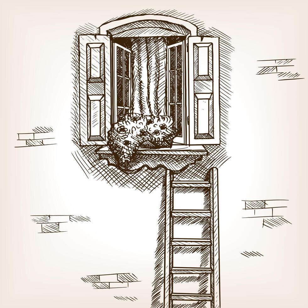Open window and ladder near house sketch style illustration. Old engraving imitation. Open window in house wall hand drawn sketch imitation vector