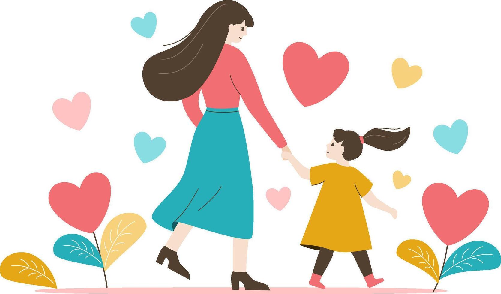 illustration of a mother and daughter holding hands together. A modern flat design with hearts and leaves, symbolizing love, care, and family bonding. vector