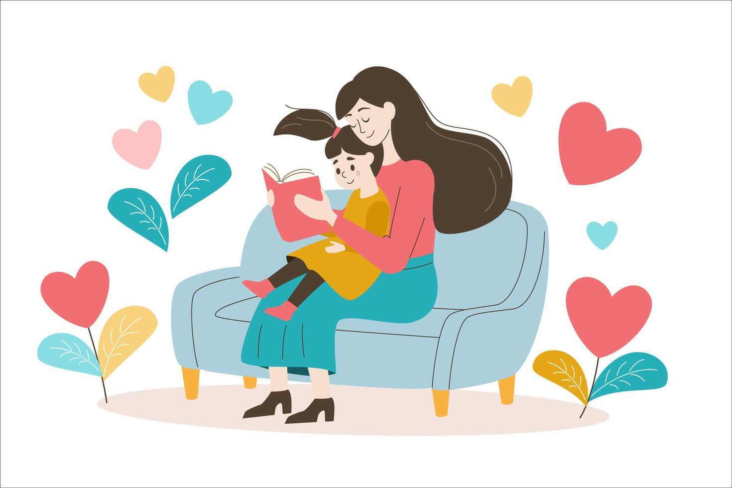 illustration of a mother reading a book to. Concept by love and care. Perfect for children's book designs, Mothers Day cards, parenting blogs, and family-themed projects. vector