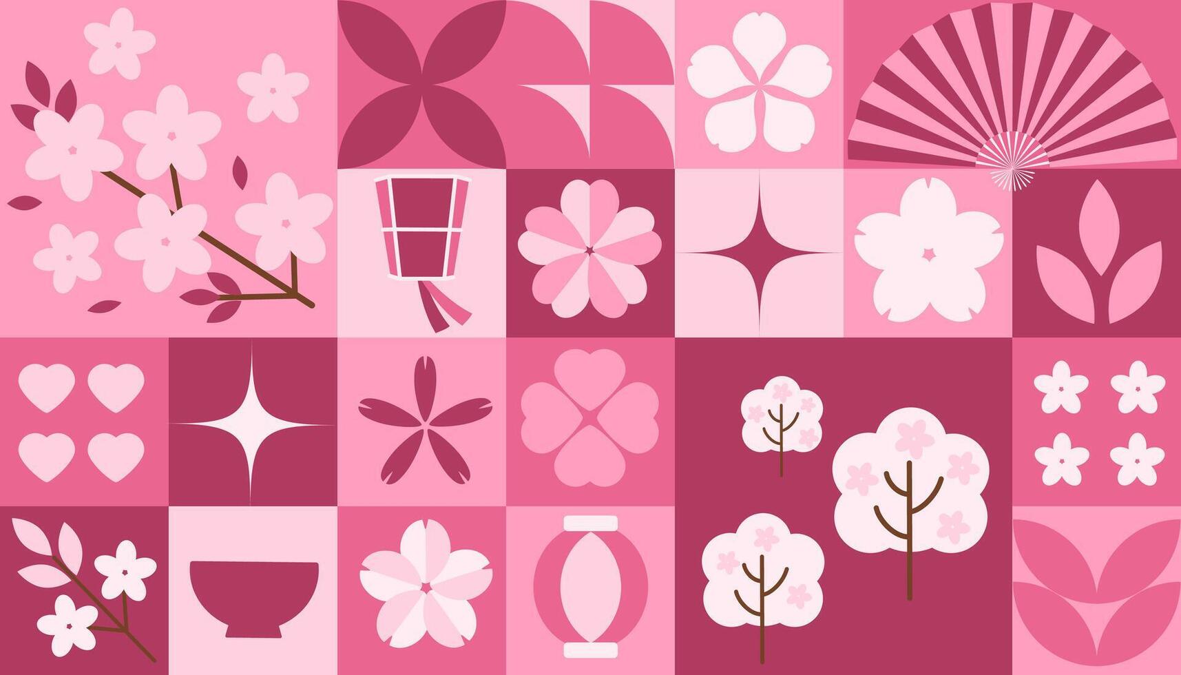 Flat illustration with a sakura blossom pattern. Pink geometric and floral elements inspired by Japanese Hanami. vector