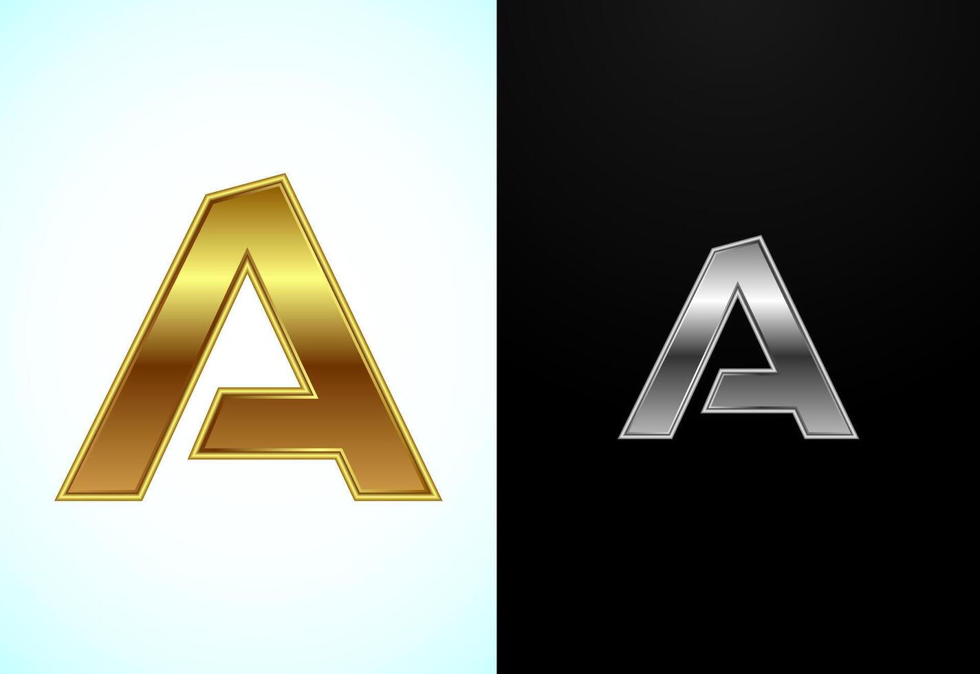 Creative English letter A in gold and silver color style. Graphic alphabet symbol vector