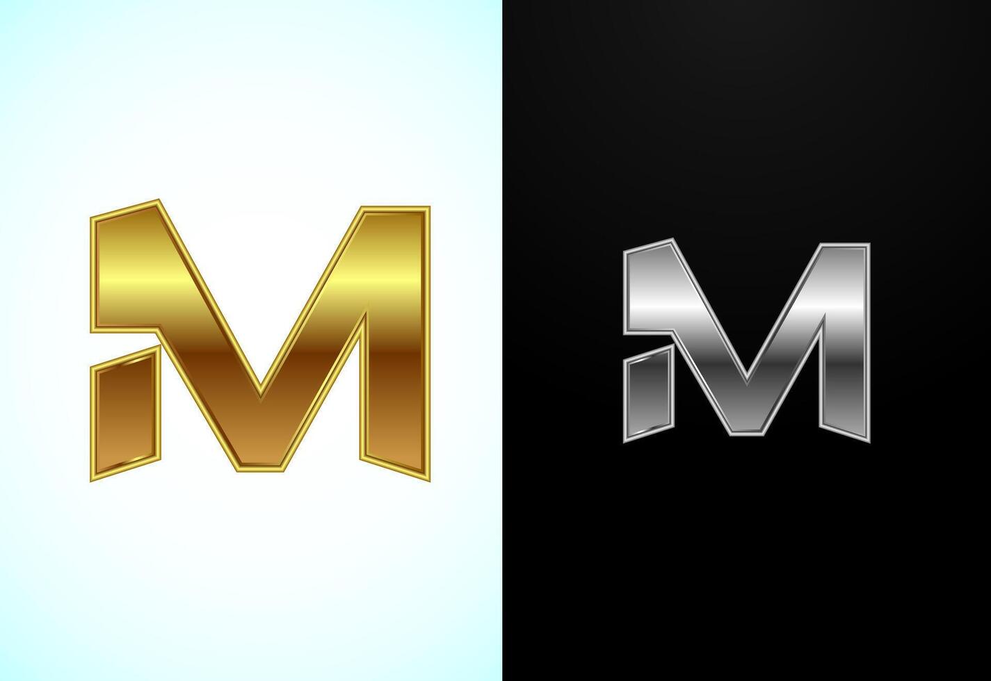 Creative English letter M in gold and silver color style. Graphic alphabet symbol vector