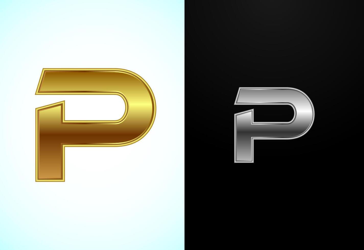 Creative English letter P in gold and silver color style. Graphic alphabet symbol vector