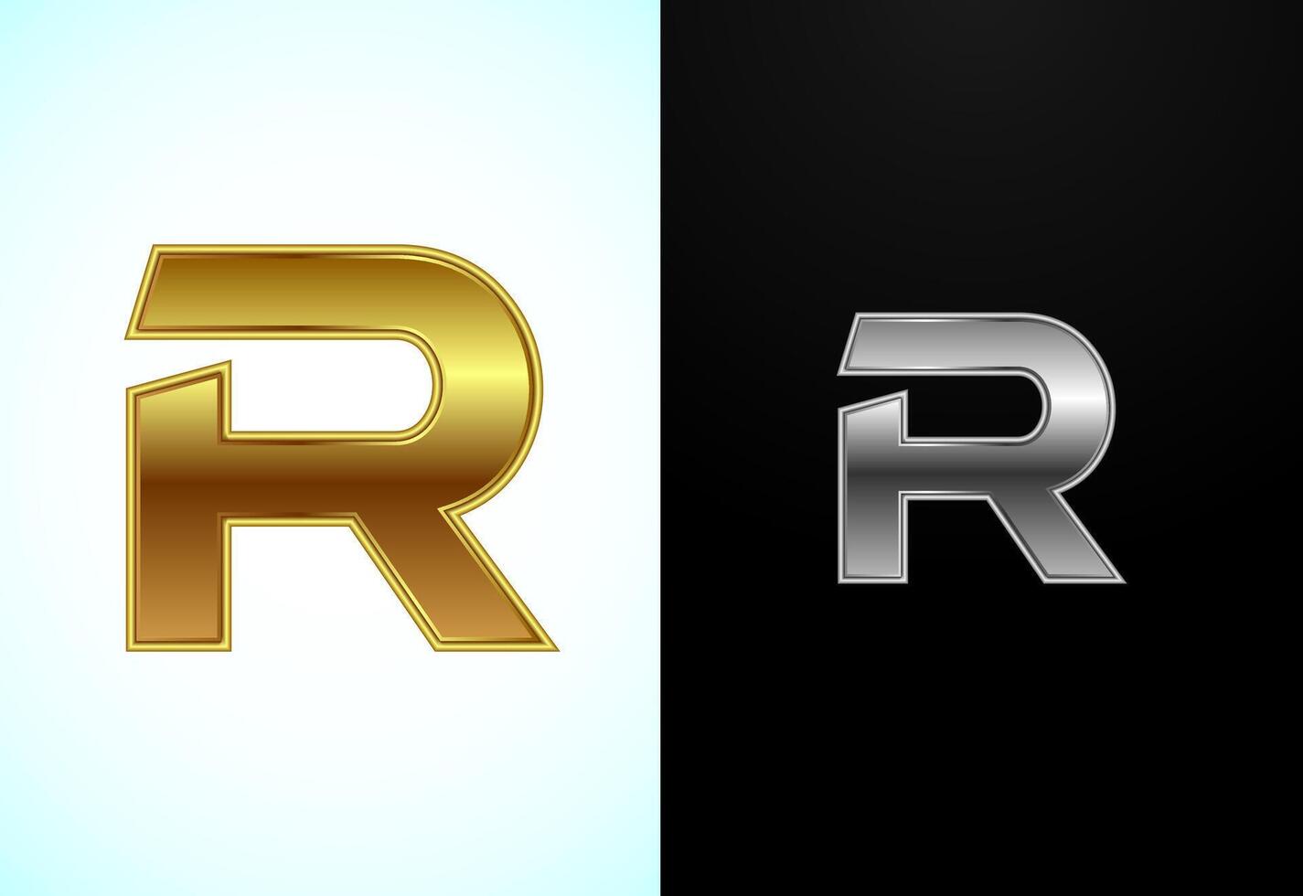 Creative English letter R in gold and silver color style. Graphic alphabet symbol vector