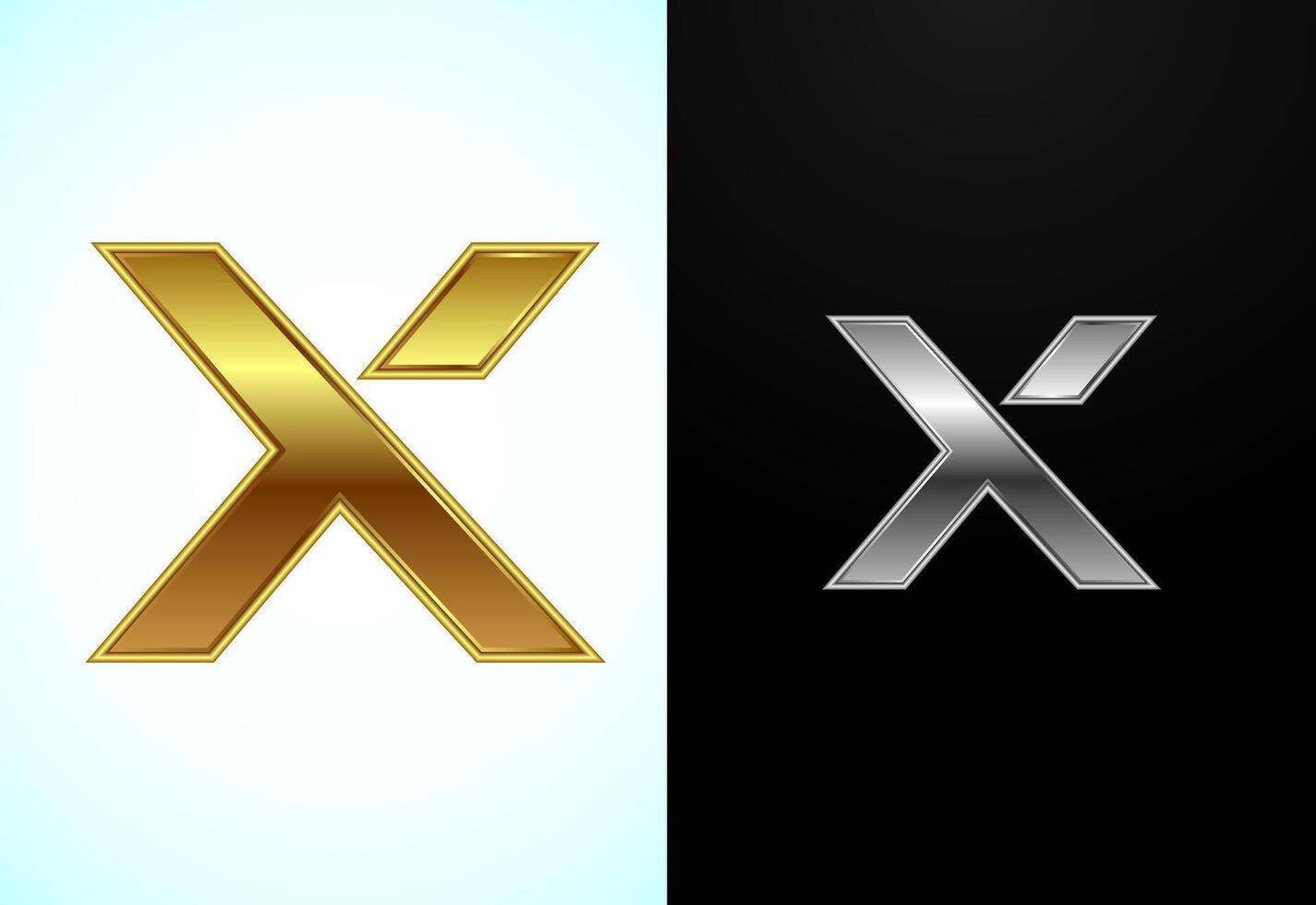 Creative English letter X in gold and silver color style. Graphic alphabet symbol vector