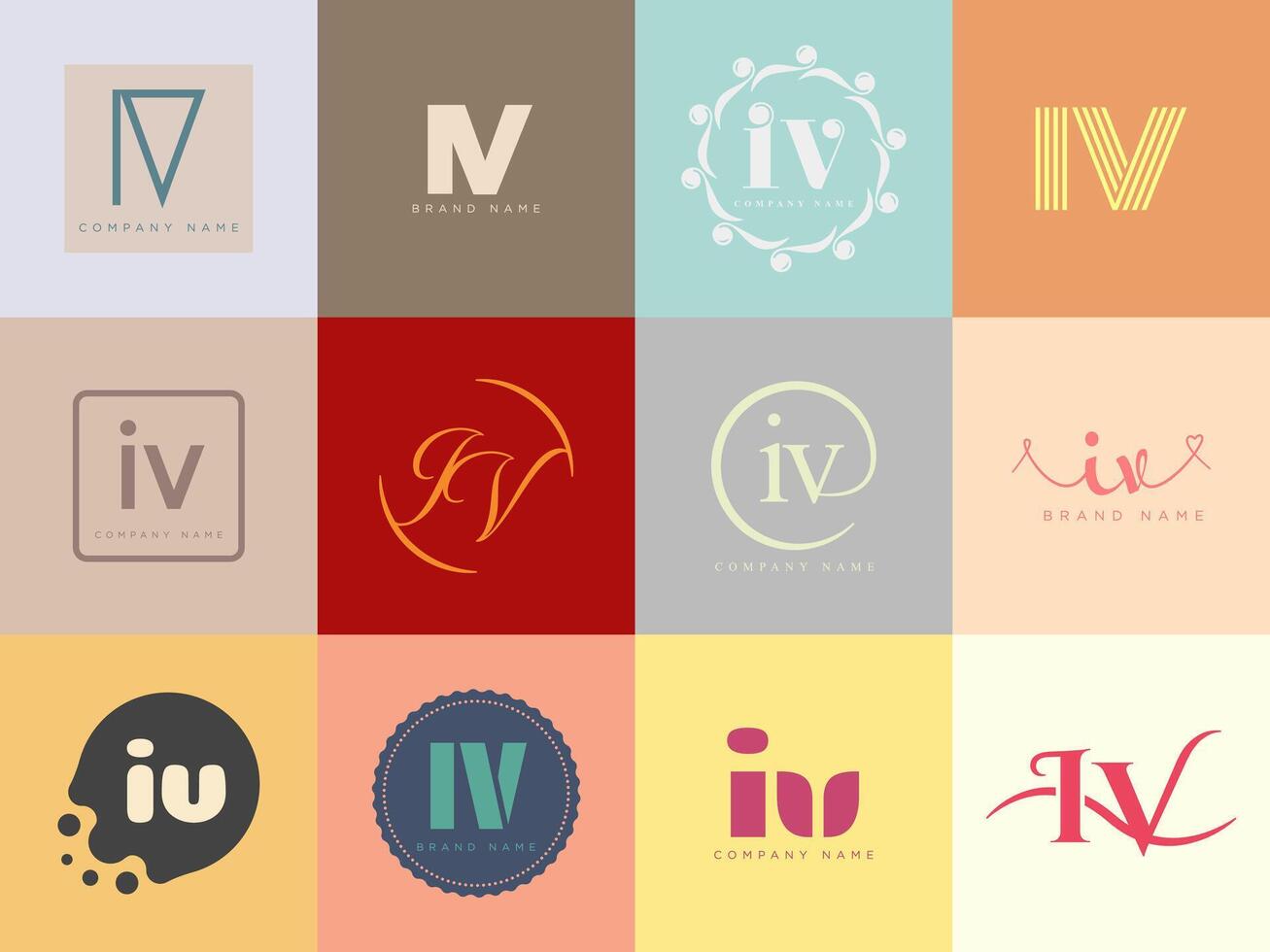 IV logo company template. Letter i and v logotype. Set different classic serif lettering and modern bold text with design elements. Initial font typography. vector
