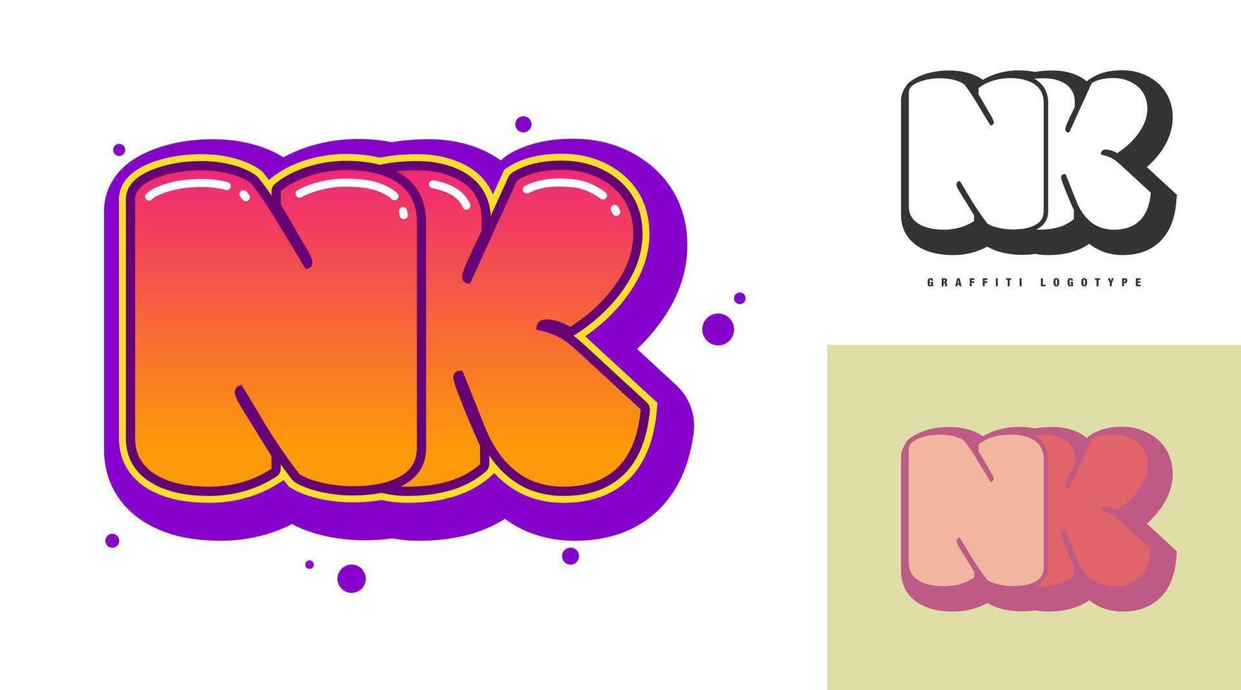 NK logo design for festival or party. Initial letter n and k in graffiti style. Creative modern lettering company name of font typography. Kids trendy logotype or identity. vector