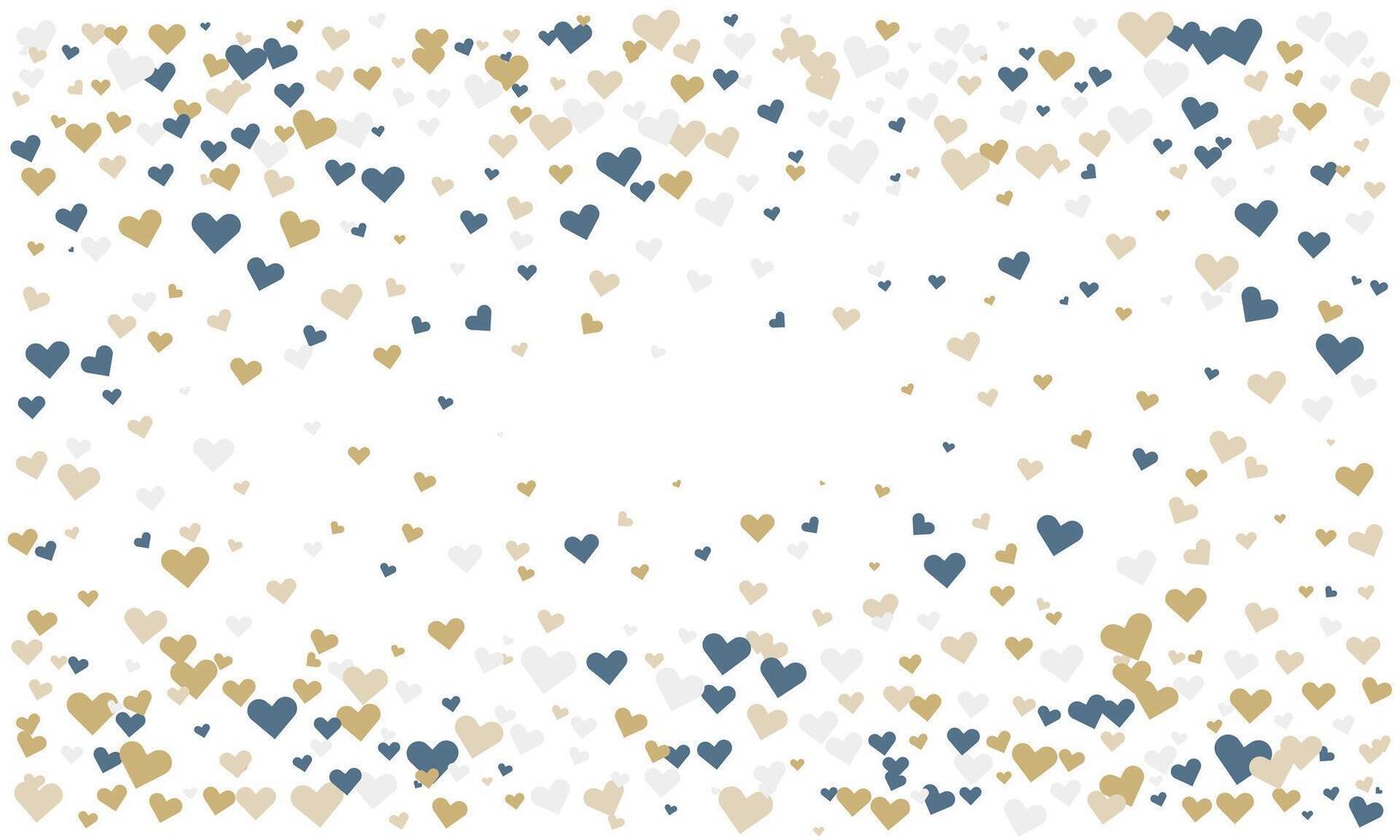Charming confetti of hearts in muted gold, blue, and white. Perfect for wedding invitations, Valentines Day cards, or romantic backgrounds. Adds a delicate, festive touch to any design. vector